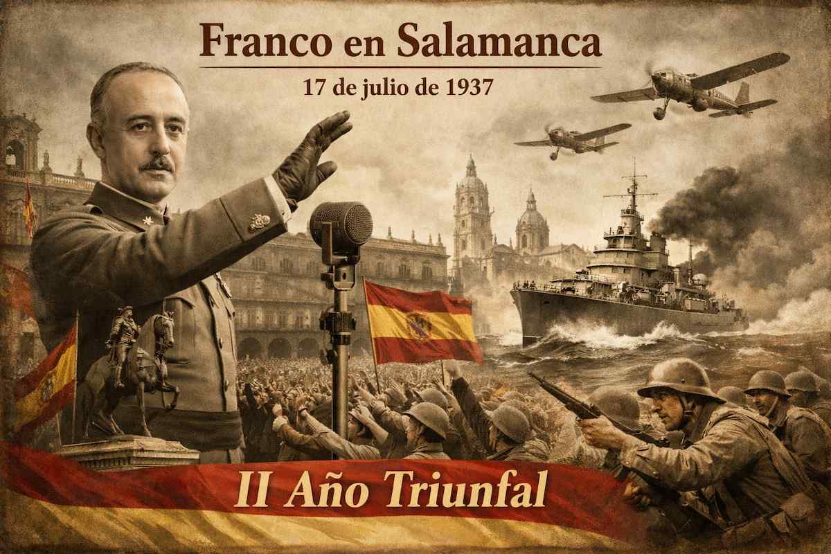 Fotomontaje alegórico del discurso de Francisco Franco el 18 de julio de 1937, con el general uniformado dirigiéndose a la multitud ante un micrófono, banderas de España, soldados, aviación y un buque de guerra, enmarcado en escenas simbólicas de la Guerra Civil española y del inicio del II Año Triunfal.