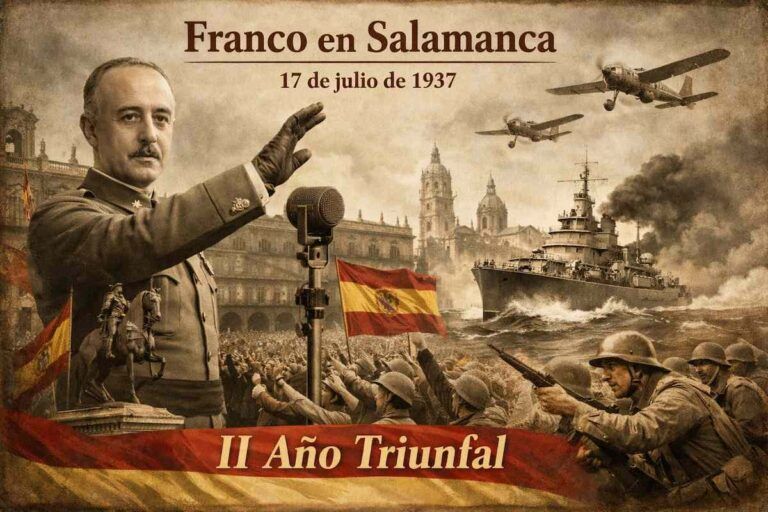 Fotomontaje alegórico del discurso de Francisco Franco en Salamanca el 17 de julio de 1937, con el general uniformado hablando ante la multitud, banderas de España, aviones militares, tropas en combate y un buque de guerra, simbolizando el inicio del II Año Triunfal durante la Guerra Civil española.
