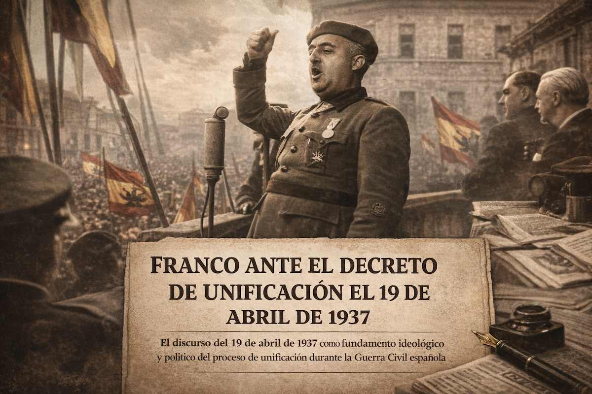 Fotografía alegórica de Francisco Franco pronunciando un discurso durante la Guerra Civil española, vinculada al Decreto de Unificación del 19 de abril de 1937.
