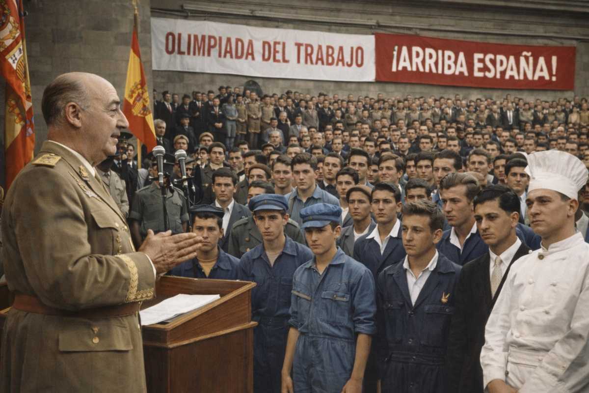 “Fotomontaje en color de Franco pronunciando un discurso ante aprendices y jóvenes trabajadores de distintos oficios durante un acto de la Organización Sindical en Madrid (1960), con banderas de España y un gran grupo de asistentes al fondo.”