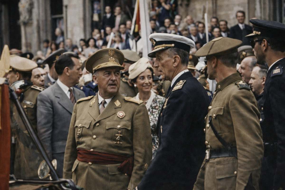 “Fotografía histórica coloreada de un acto institucional en Palma de Mallorca en 1960, con autoridades civiles y militares reunidas ante el Ayuntamiento.”