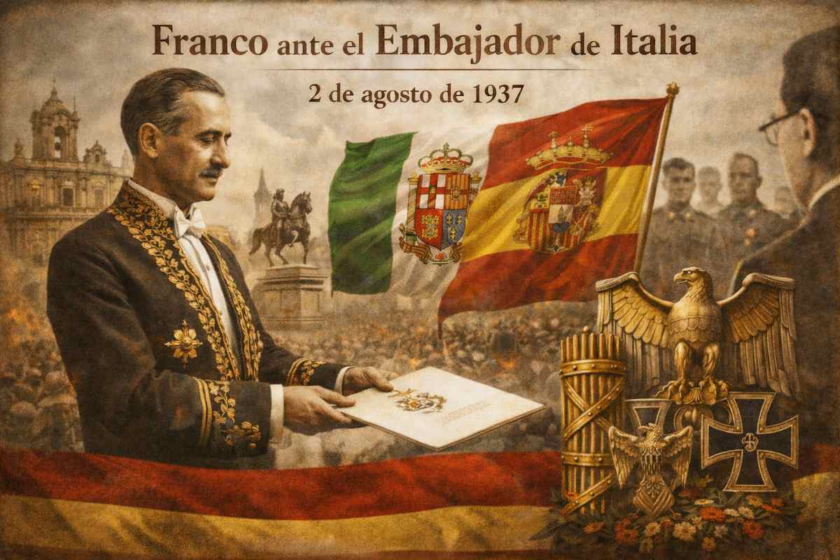 Imagen alegórica del acto diplomático del 2 de agosto de 1937, con el embajador de Italia presentando sus credenciales ante la España nacional, banderas de Italia y España, símbolos institucionales y un entorno solemne que representa las relaciones diplomáticas durante la Guerra Civil española.