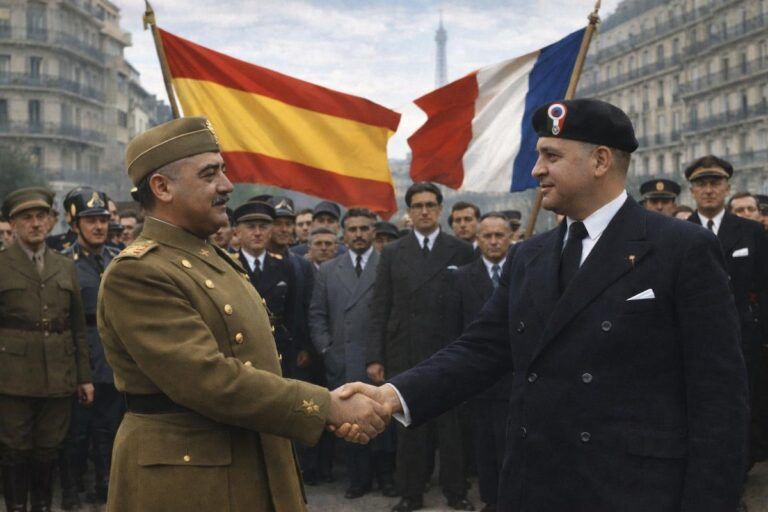Imagen alegórica coloreada que representa un encuentro diplomático entre representantes de España y Francia en 1937. Dos hombres se estrechan la mano en primer plano, con banderas de España (roja y amarilla sin escudo) y Francia ondeando detrás. Al fondo se observan edificios de estilo parisino y una multitud de militares y civiles, simbolizando las relaciones políticas entre ambos países durante la Guerra Civil española.