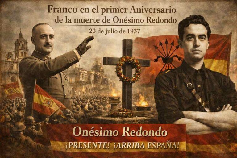 Fotomontaje alegórico del primer aniversario de la muerte de Onésimo Redondo, el 23 de julio de 1937, con su retrato en primer plano junto a Francisco Franco, una cruz conmemorativa, banderas de España y símbolos del falangismo, en un contexto de Guerra Civil española.