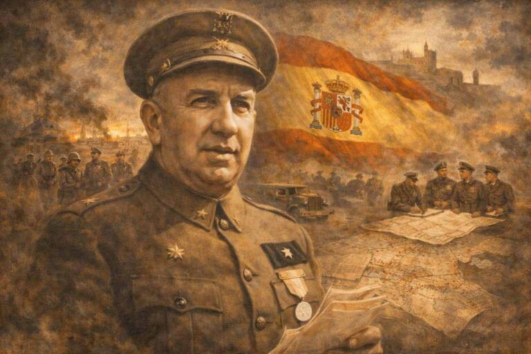 Retrato alegórico de Luis Orgaz Yoldi con uniforme militar, inspirado en una fotografía histórica, en un estilo pictórico clásico que evoca su papel como militar en la España del primer tercio del siglo XX.