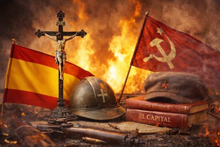 Composición alegórica de 1936 con crucifijo, bandera de España sin escudo, casco militar y libros, simbolizando el choque de ideologías en la Guerra Civil española.