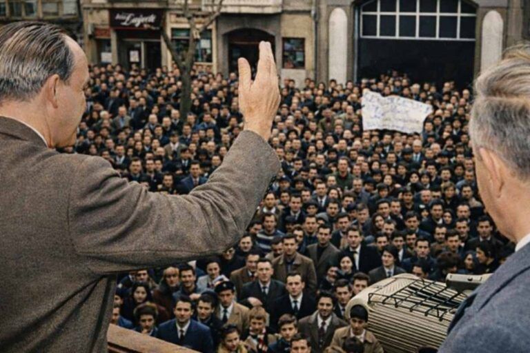 Fotografía histórica coloreada de un acto público en una calle europea: dos hombres vistos de espaldas hablan desde un balcón o estrado a una multitud numerosa reunida en la calle. Uno de ellos levanta la mano en gesto de saludo o énfasis mientras el público observa atento; al fondo se ven fachadas de edificios y un cartel en una ventana.