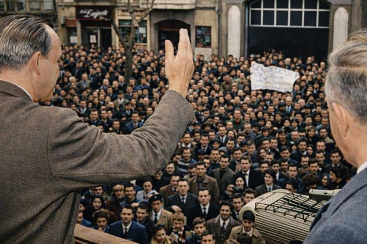 Fotografía histórica coloreada de un acto público en una calle europea: dos hombres vistos de espaldas hablan desde un balcón o estrado a una multitud numerosa reunida en la calle. Uno de ellos levanta la mano en gesto de saludo o énfasis mientras el público observa atento; al fondo se ven fachadas de edificios y un cartel en una ventana.