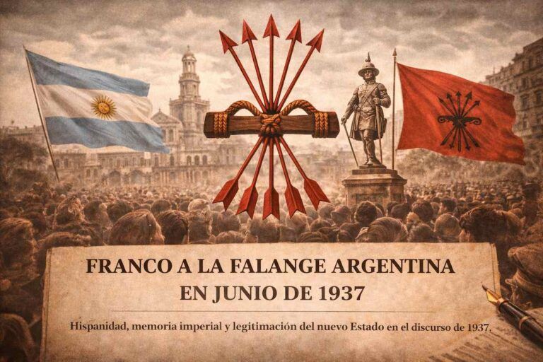 Imagen alegórica sin personajes destacados que representa la hispanidad y los vínculos entre España y Argentina en junio de 1937, con símbolos históricos y banderas en un contexto conmemorativo.