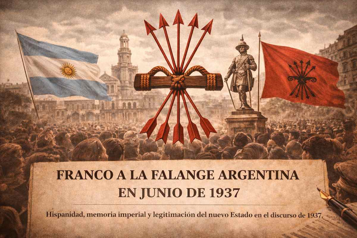 Imagen alegórica sin personajes destacados que representa la hispanidad y los vínculos entre España y Argentina en junio de 1937, con símbolos históricos y banderas en un contexto conmemorativo.