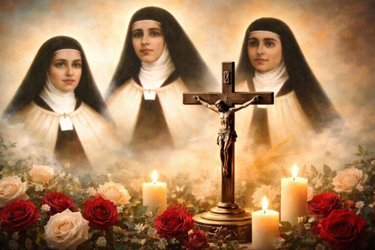 Imagen alegórica del martirio de las tres carmelitas descalzas de Guadalajara: sus retratos en segundo plano y un crucifijo con velas y flores en primer término, símbolo de fe y sacrificio.