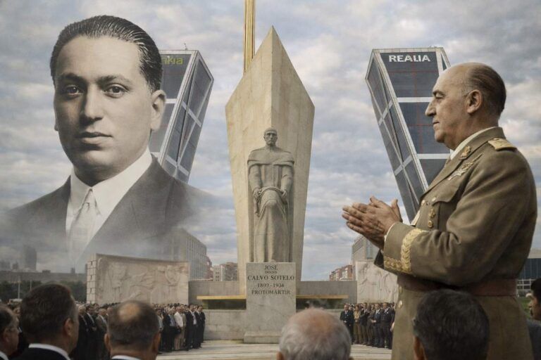 “Imagen alegórica del monumento a José Calvo Sotelo en Madrid, con dos retratos simbólicos a ambos lados del conjunto escultórico durante un acto con público.”