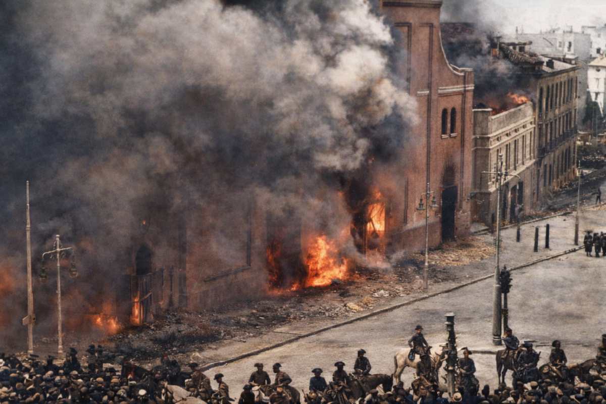 Fotografía histórica coloreada de un edificio en llamas durante los disturbios de 1936 en España, con humo, fuego y presencia de fuerzas armadas en la calle.