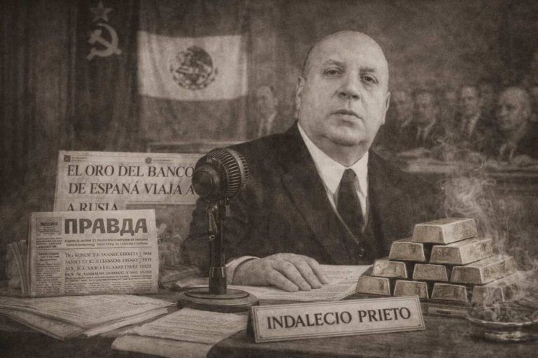 Imagen alegórica en horizontal de Indalecio Prieto en un entorno institucional, con documentos y referencias al traslado del oro del Banco de España a la URSS en 1936.