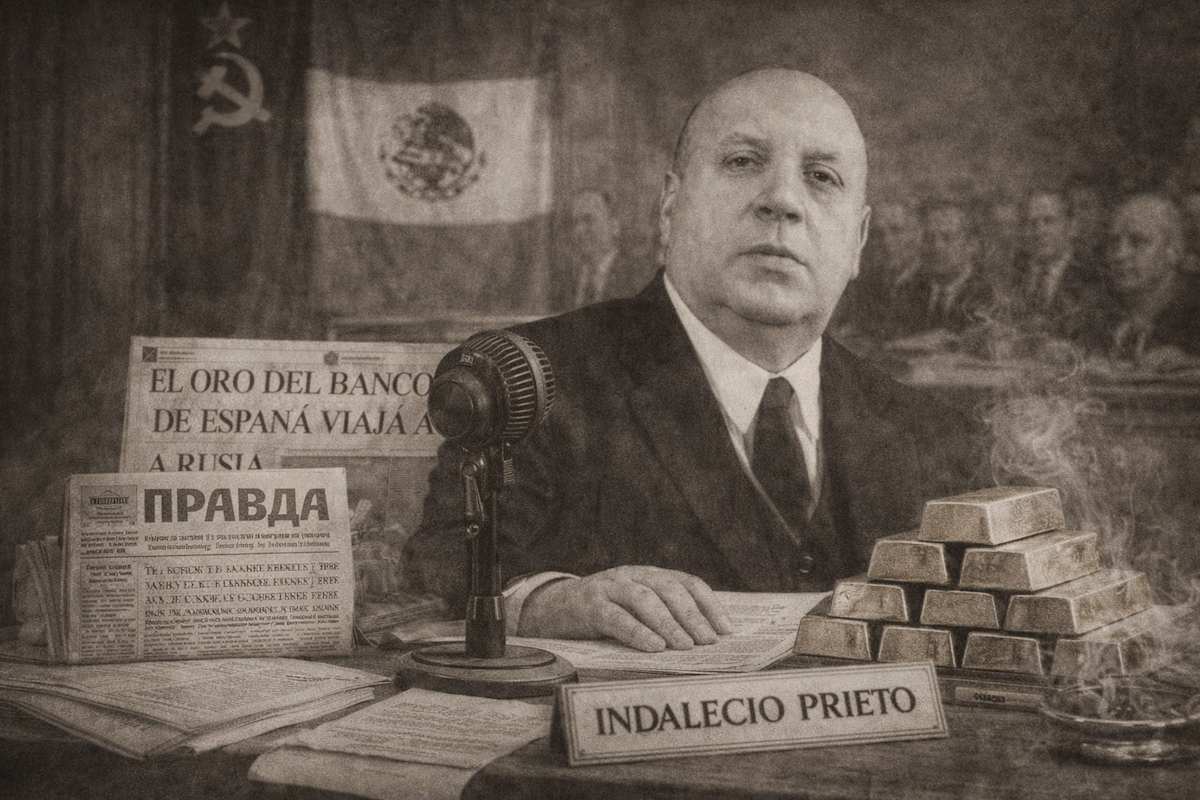 Imagen alegórica en horizontal de Indalecio Prieto en un entorno institucional, con documentos y referencias al traslado del oro del Banco de España a la URSS en 1936.
