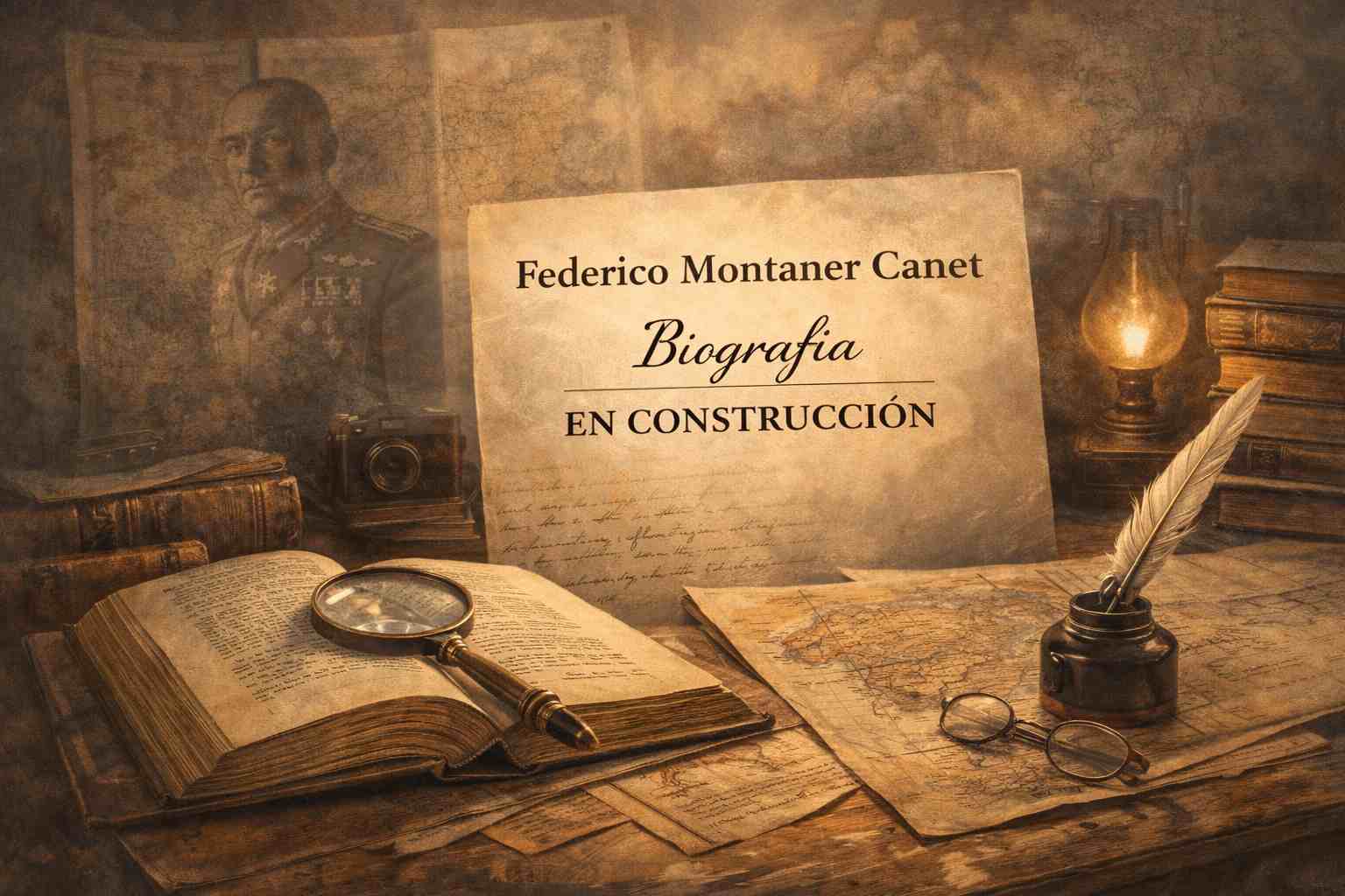 Imagen alegórica de una biografía en construcción: escritorio antiguo con libros históricos abiertos, mapas, pluma y lupa, iluminado con luz cálida, con un retrato militar difuminado al fondo y un cartel que indica “Federico Montaner Canet – Biografía en construcción”.