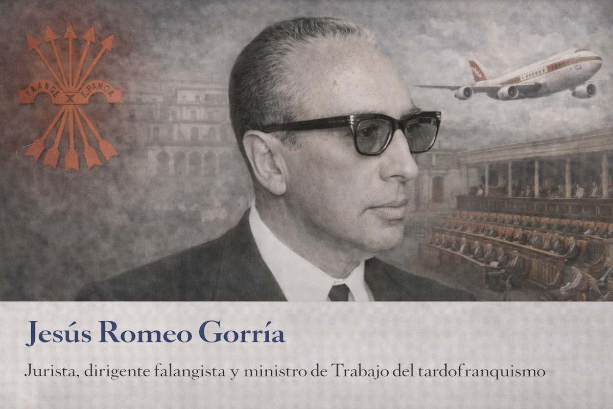 Jesús Romeo Gorría en imagen alegórica, con traje y gafas, acompañado de símbolos políticos e institucionales del tardofranquismo y referencias a su etapa al frente del Ministerio de Trabajo y de Iberia.