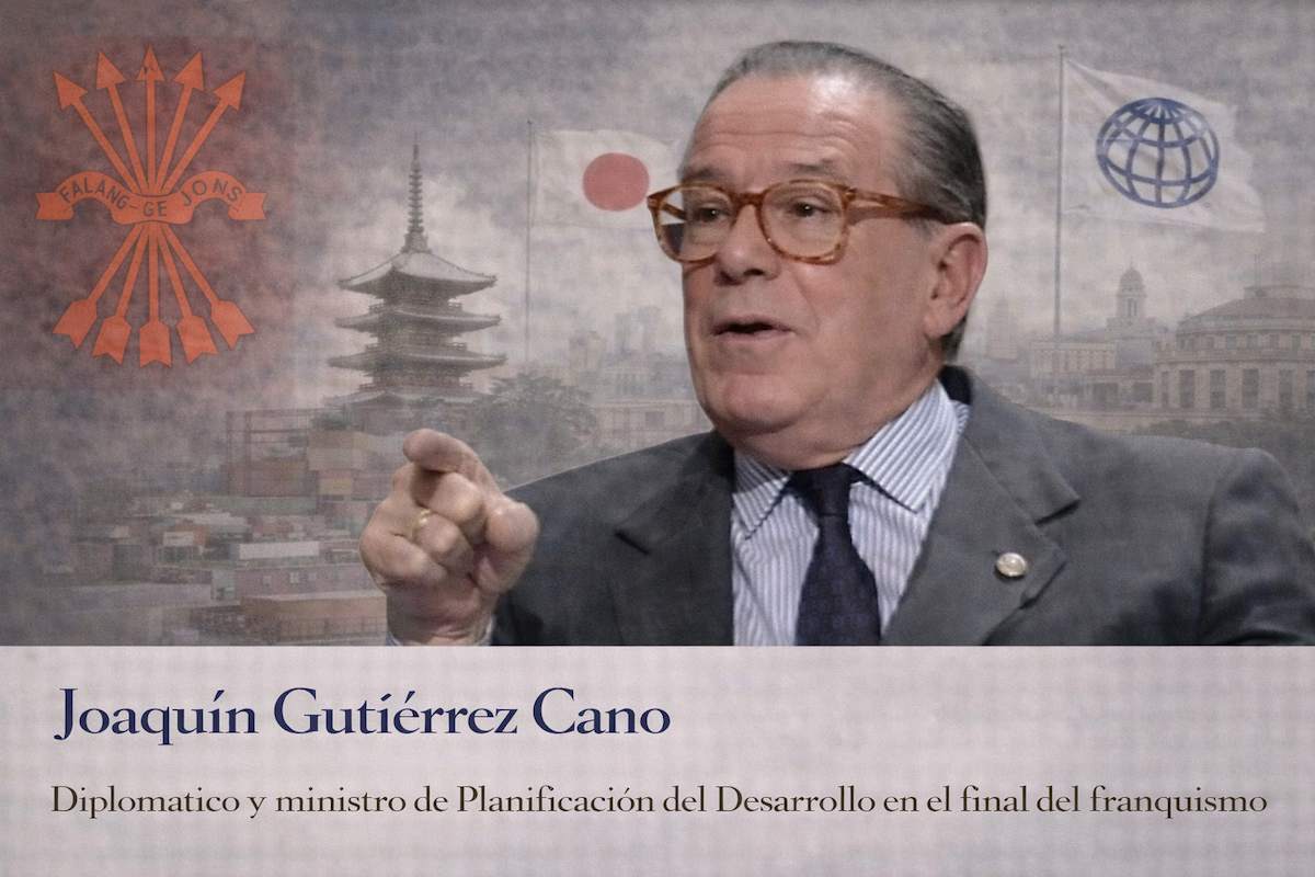 Joaquín Gutiérrez Cano en imagen alegórica, con traje y gafas, señalando durante una intervención, acompañado de referencias a la diplomacia, la planificación económica y su etapa como ministro de Planificación del Desarrollo en el final del franquismo.