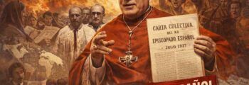 Composición alegórica sobre la Guerra Civil española con el cardenal Gomá en primer plano, sosteniendo un documento, y escenas de conflicto y clero al fondo.