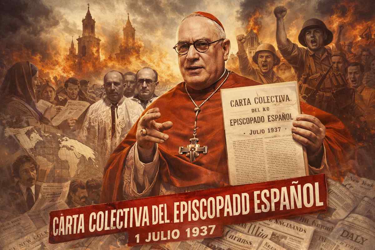 Composición alegórica sobre la Guerra Civil española con el cardenal Gomá en primer plano, sosteniendo un documento, y escenas de conflicto y clero al fondo.