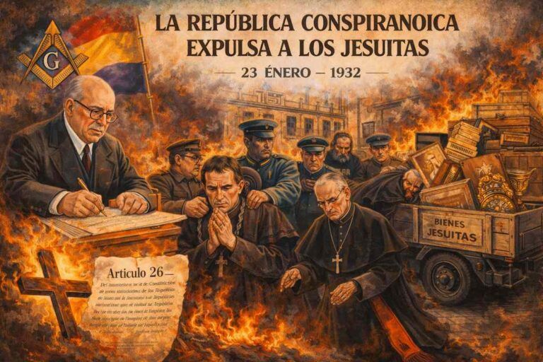 Ilustración alegórica de 1932 sobre la expulsión de los jesuitas durante la Segunda República, con clérigos escoltados por fuerzas del orden.