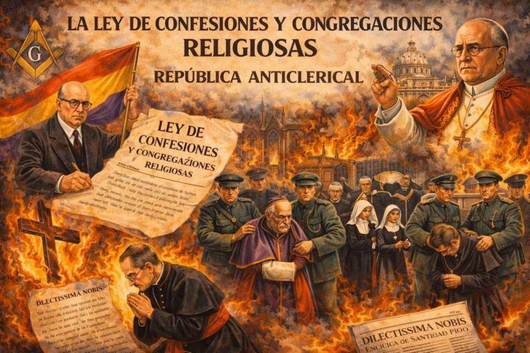 Ilustración alegórica de la Ley de Confesiones y Congregaciones religiosas durante la Segunda República, con clérigos custodiados por fuerzas del orden y símbolos del conflicto religioso.