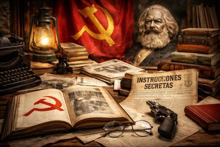 Composición alegórica en horizontal con libros y documentos políticos de los años 30, una máquina de escribir, prensa histórica y símbolos del marxismo, evocando los escritos revolucionarios durante la Segunda República española.