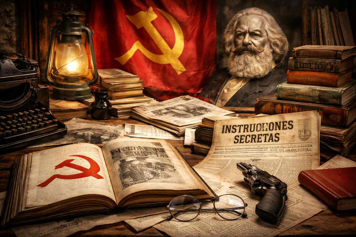 Composición alegórica en horizontal con libros y documentos políticos de los años 30, una máquina de escribir, prensa histórica y símbolos del marxismo, evocando los escritos revolucionarios durante la Segunda República española.