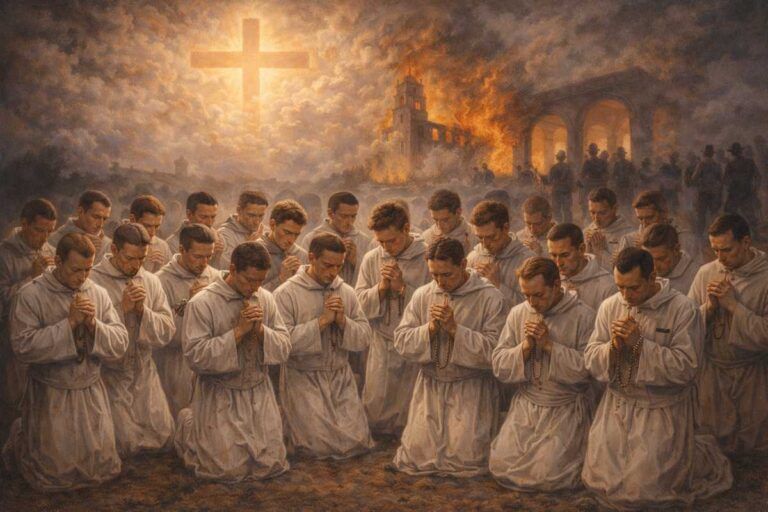Pintura alegórica de los 71 mártires de la Orden de San Juan de Dios, representados de rodillas y en oración con hábito hospitalario, ante una cruz luminosa que se alza sobre un fondo de iglesias en llamas y figuras armadas en sombras, símbolo de la persecución religiosa y del testimonio de fe y caridad hasta el martirio durante la Guerra Civil española.