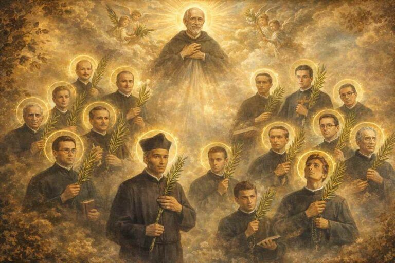 Imagen alegórica de los 13 escolapios mártires: en primer plano aparecen los religiosos escolapios con hábito negro y palma del martirio, algunos con cruz o rosario; al fondo se integra la imagen original de los mártires en un ambiente luminoso y celestial, con San José de Calasanz presidiendo la escena como signo de fe, fidelidad y sacrificio.