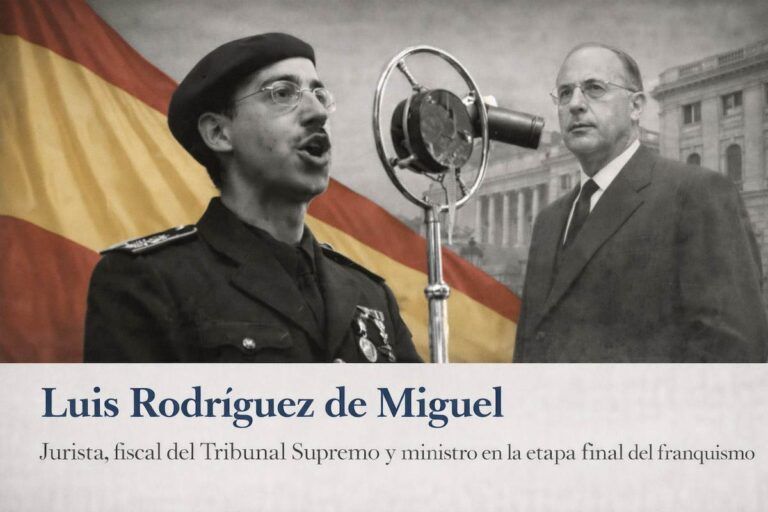 Luis Rodríguez de Miguel en imagen alegórica horizontal, pronunciando un discurso ante micrófono, con la bandera de España sin escudo al fondo y un entorno institucional del siglo XX.