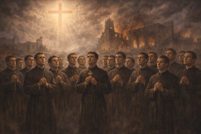 Representación alegórica del martirio de los claretianos de Barbastro en 1936: los jóvenes misioneros, vestidos con sotana y rosario en las manos, elevan la mirada hacia una cruz luminosa mientras, al fondo, se alzan entre el humo y las llamas los edificios destruidos de la ciudad, símbolo de la persecución religiosa y de su entrega fiel hasta la muerte.