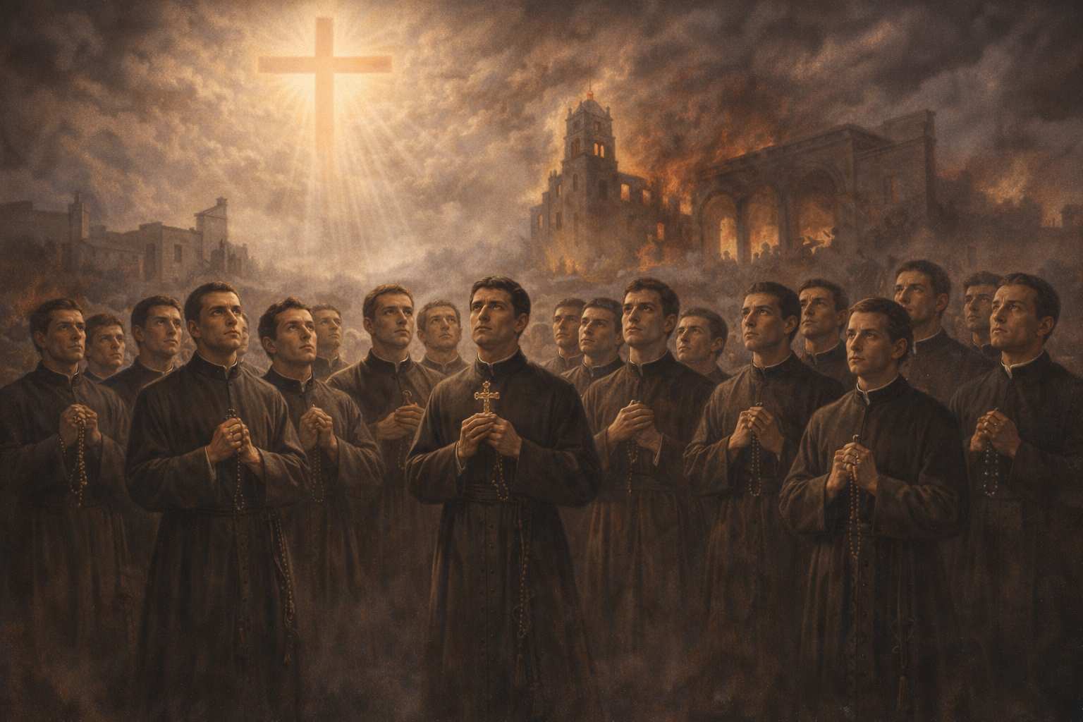 Representación alegórica del martirio de los claretianos de Barbastro en 1936: los jóvenes misioneros, vestidos con sotana y rosario en las manos, elevan la mirada hacia una cruz luminosa mientras, al fondo, se alzan entre el humo y las llamas los edificios destruidos de la ciudad, símbolo de la persecución religiosa y de su entrega fiel hasta la muerte.