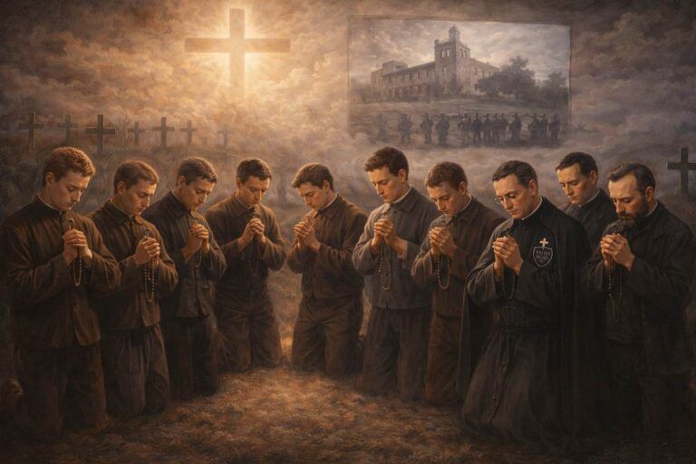 Imagen alegórica de los Mártires de Turón: nueve religiosos —ocho Hermanos de las Escuelas Cristianas y un sacerdote pasionista— arrodillados en oración en el cementerio, con rosarios entre las manos, iluminados por una cruz resplandeciente, mientras al fondo se insinúan el colegio de Turón y figuras armadas envueltas en sombras, simbolizando su martirio y fidelidad a la fe.