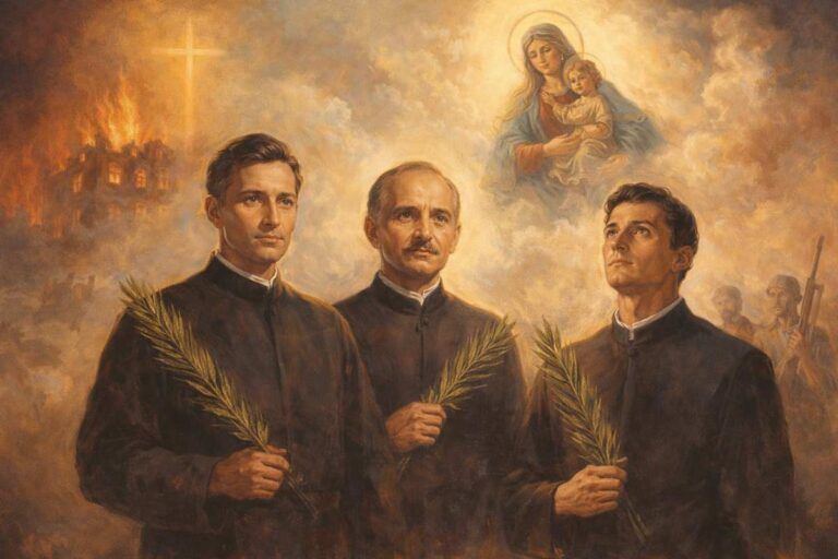 Imagen alegórica de los tres marianistas asesinados en Ciudad Real en 1936: Carlos Eraña, Fidel Fuidio y Jesús Hita aparecen con hábito oscuro y palma del martirio, mirando al cielo; al fondo se representa la persecución religiosa con edificios en llamas y una cruz luminosa, mientras la Virgen María con el Niño preside la escena como signo de esperanza y fe.