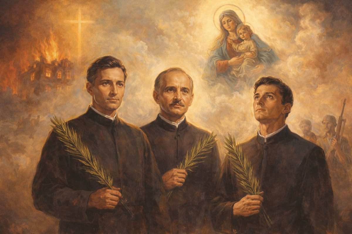 Imagen alegórica de los tres marianistas asesinados en Ciudad Real en 1936: Carlos Eraña, Fidel Fuidio y Jesús Hita aparecen con hábito oscuro y palma del martirio, mirando al cielo; al fondo se representa la persecución religiosa con edificios en llamas y una cruz luminosa, mientras la Virgen María con el Niño preside la escena como signo de esperanza y fe.
