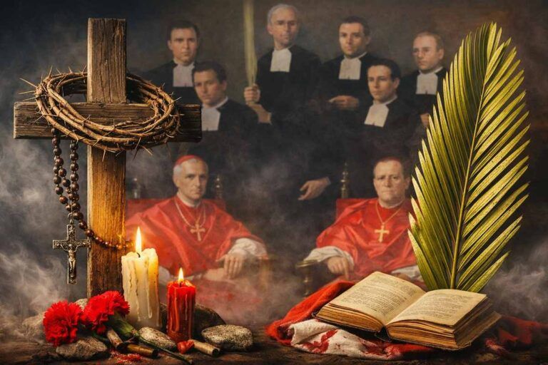 Imagen alegórica de los mártires de Almería: en primer plano una cruz de madera con corona de espinas, rosario, velas encendidas, palma del martirio y un libro abierto; al fondo aparece difuminado el retrato de los dos obispos y los Hermanos de las Escuelas Cristianas, símbolo de su fe y sacrificio.