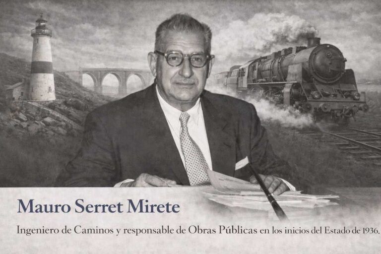 Mauro Serret Mirete en imagen alegórica, sentado ante documentos, con referencias visuales a faros marítimos y ferrocarriles que simbolizan su labor como ingeniero de Caminos y responsable de Obras Públicas.