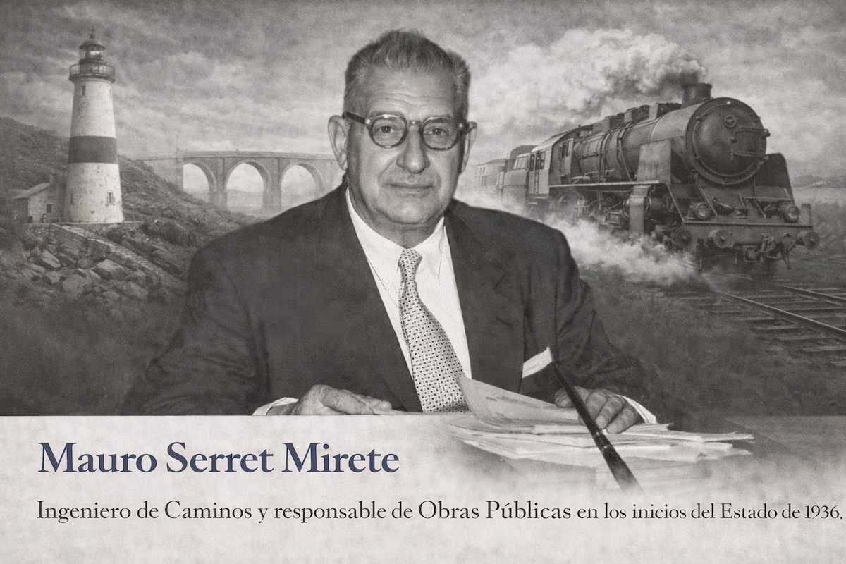 Mauro Serret Mirete en imagen alegórica, sentado ante documentos, con referencias visuales a faros marítimos y ferrocarriles que simbolizan su labor como ingeniero de Caminos y responsable de Obras Públicas.