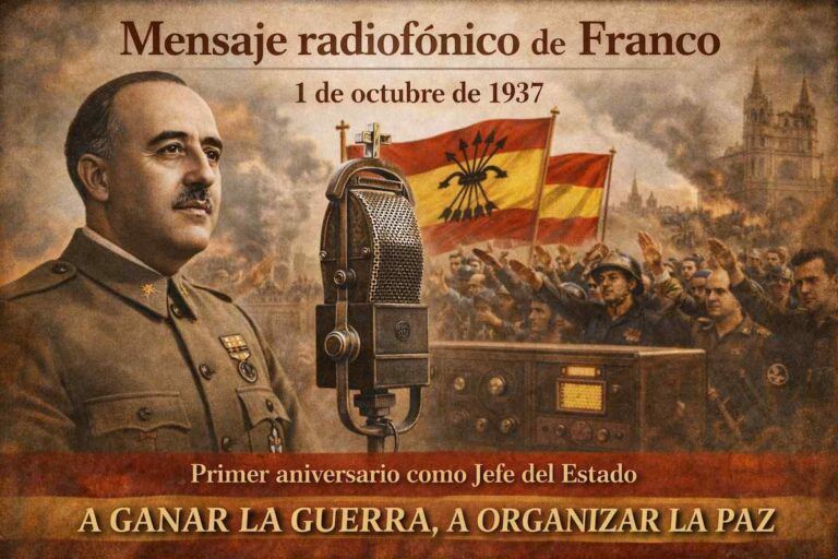 Fotomontaje alegórico del mensaje radiofónico de Francisco Franco el 1 de octubre de 1937, con el dirigente uniformado ante un micrófono de radio, banderas de España, una multitud de soldados y el entorno urbano de fondo, simbolizando la comunicación política y la propaganda durante la Guerra Civil española.