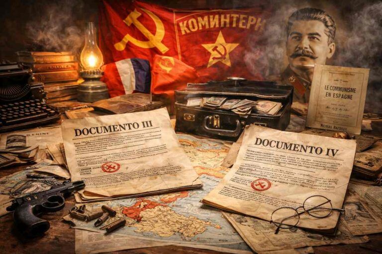 Imagen alegórica en horizontal con documentos “Documento III” y “Documento IV”, mapas y símbolos del Komintern, que representan la intervención de la III Internacional en la España de la Segunda República.