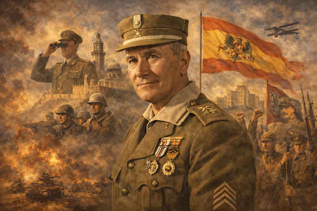 Imagen alegórica horizontal de Miguel Ponte y Manso de Zúñiga: el general aparece en primer plano con uniforme de Caballería y condecoraciones, expresión serena y decidida; al fondo se integran escenas simbólicas de su carrera militar en África y la Guerra Civil, banderas españolas y un cielo dramático que evoca liderazgo, servicio y autoridad histórica.