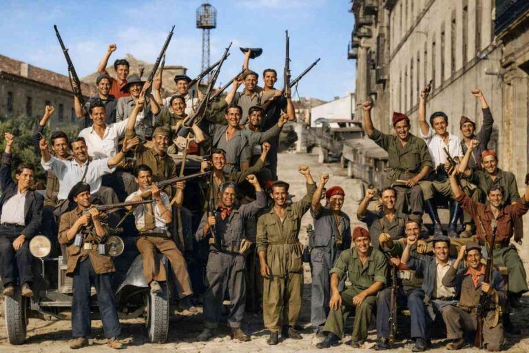 Milicianos armados posan sobre un camión en una calle de España al inicio de la Guerra Civil, fotografía histórica coloreada.