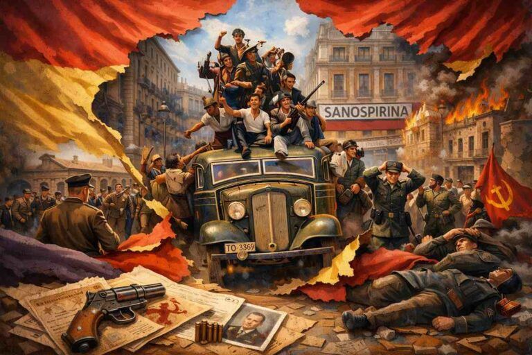 Ilustración alegórica basada en una foto histórica de milicianos celebrando sobre un camión en una ciudad española, coloreada y reinterpretada para representar la subversión revolucionaria y el conflicto previo a la Guerra Civil.