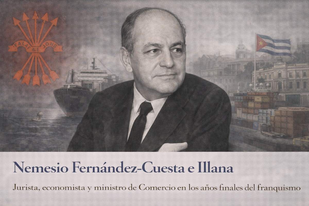 Nemesio Fernández-Cuesta e Illana en imagen alegórica, con traje formal, ante símbolos del comercio exterior y la política económica española, que representan su etapa como ministro de Comercio en los años finales del franquismo.