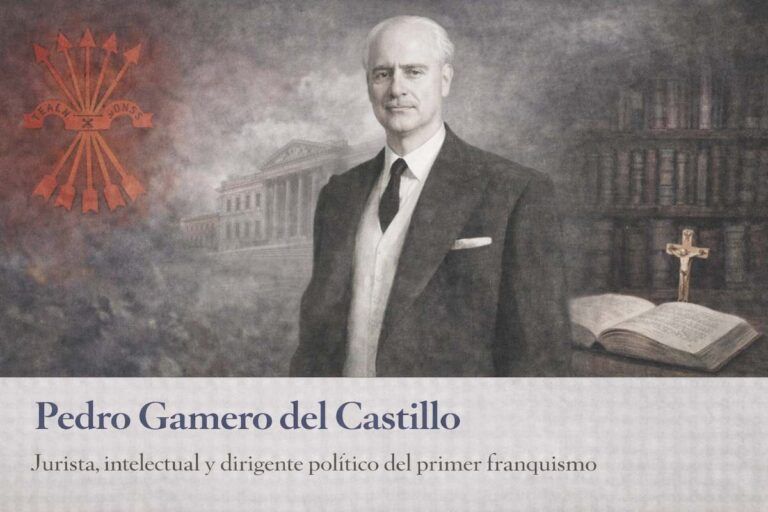 Pedro Gamero del Castillo en imagen alegórica, con traje formal, rodeado de símbolos políticos e intelectuales del primer franquismo, como libros, emblemas falangistas y un entorno institucional.