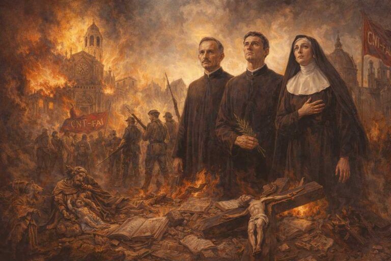 Imagen alegórica del martirio de las 17 religiosas de la Doctrina Cristiana de Mislata en 1936: un grupo de monjas ancianas y jóvenes avanza en silencio y oración, vestidas de seglar, con expresión serena y mirada al cielo; al fondo se perfila el Picadero de Paterna bajo un cielo oscuro atravesado por una luz celestial en forma de cruz, símbolo de su fe, sacrificio y esperanza cristiana.
