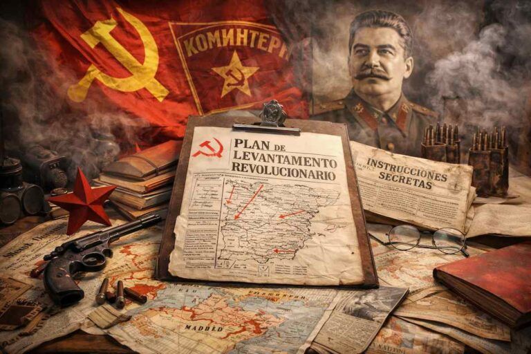 Composición alegórica en horizontal con documentos de planificación revolucionaria, mapas de España y símbolos del comunismo, que representa el significado operativo de los escritos marxistas en la Segunda República.