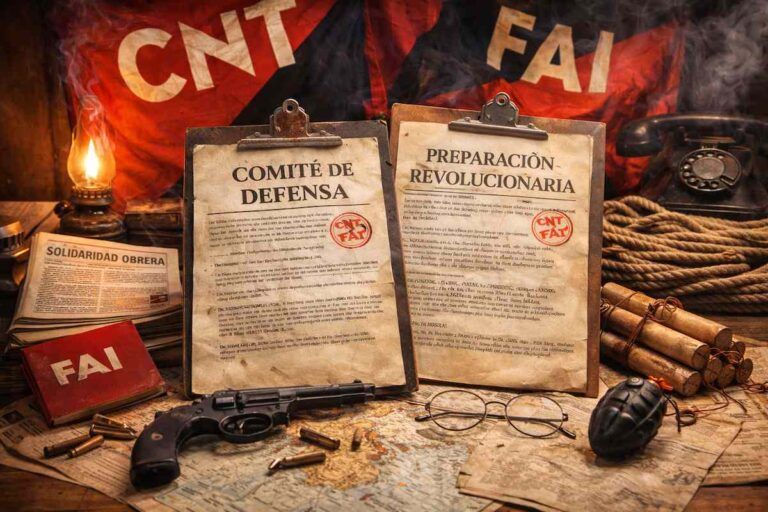 Imagen alegórica en horizontal con documentos de la CNT-FAI sobre comités de defensa y preparación revolucionaria, símbolos anarcosindicalistas y material de época en la España de 1936.