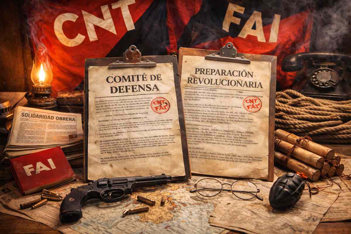 Imagen alegórica en horizontal con documentos de la CNT-FAI sobre comités de defensa y preparación revolucionaria, símbolos anarcosindicalistas y material de época en la España de 1936.